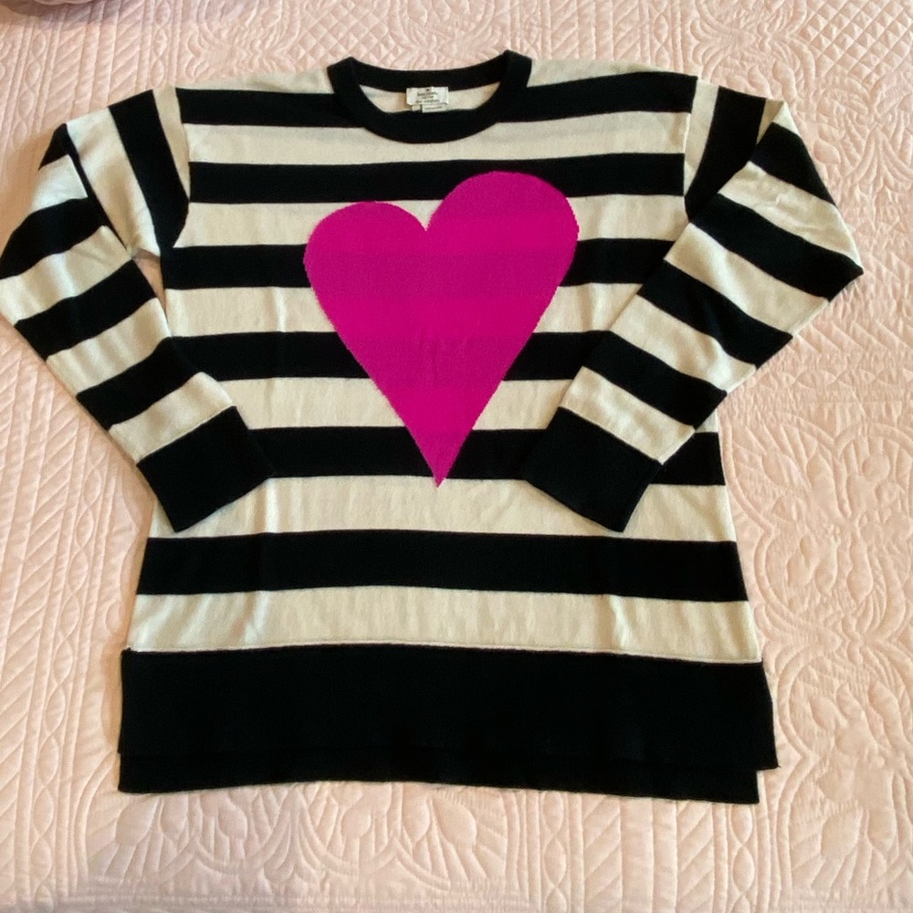 ♠️ Kate Spade New York Black White Striped Oversized Crewneck Pink Heart Sweater